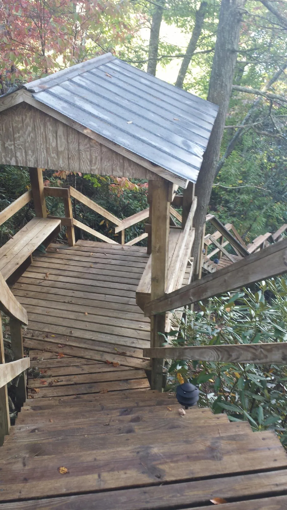 Metal roofed shelter over wooden steps on a wooded walkway — Skylight Repair & Installation work by our crew in Thatcher